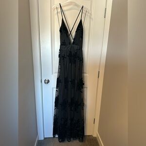 Black Flocked Floral Tulle Maxi Dress with 2 Slits in the Front Size Medium